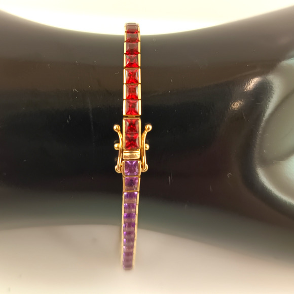 10K Yellow Gold Multi-Color Lab Grown Stone Tennis Bracelet Square-Cut Gem 7" - Picture 1 of 16
